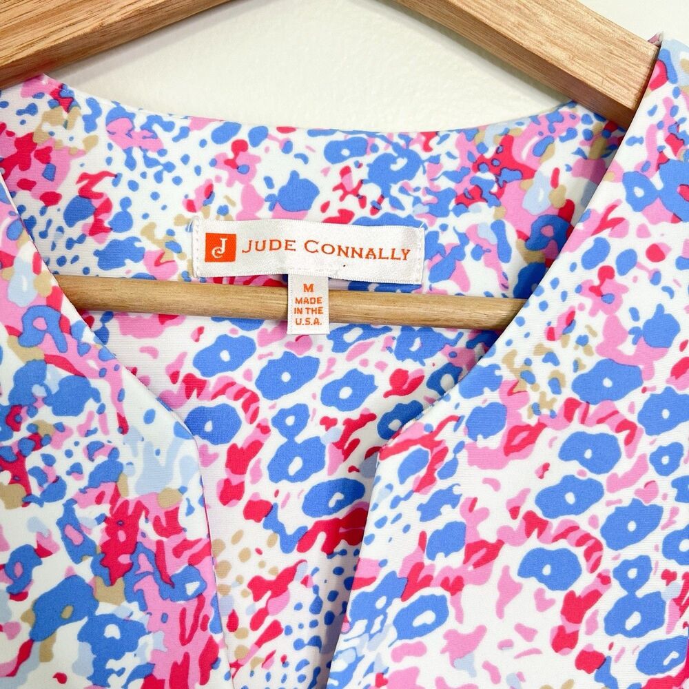 Jude Connally Bell Sleeve Shift Mini Dress Size M Pink Blue Abstract Print - Picture 4 of 9